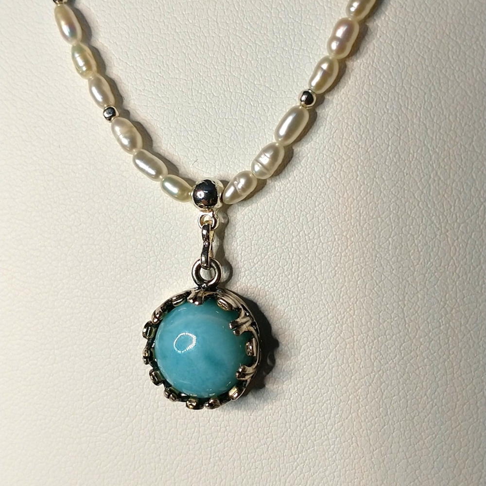 Women's Larimar and freshwater pearl necklace, handmade